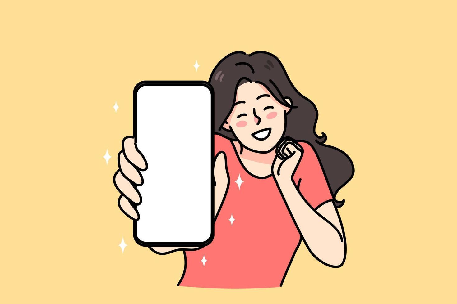 lleno de alegría joven mujer espectáculo Teléfono móvil con blanco Bosquejo pantalla emocionado acerca de bueno Noticias en línea. sonriente niña demostrar teléfono inteligente, ganar lotería o obtener genial acuerdo o venta. vector ilustración.