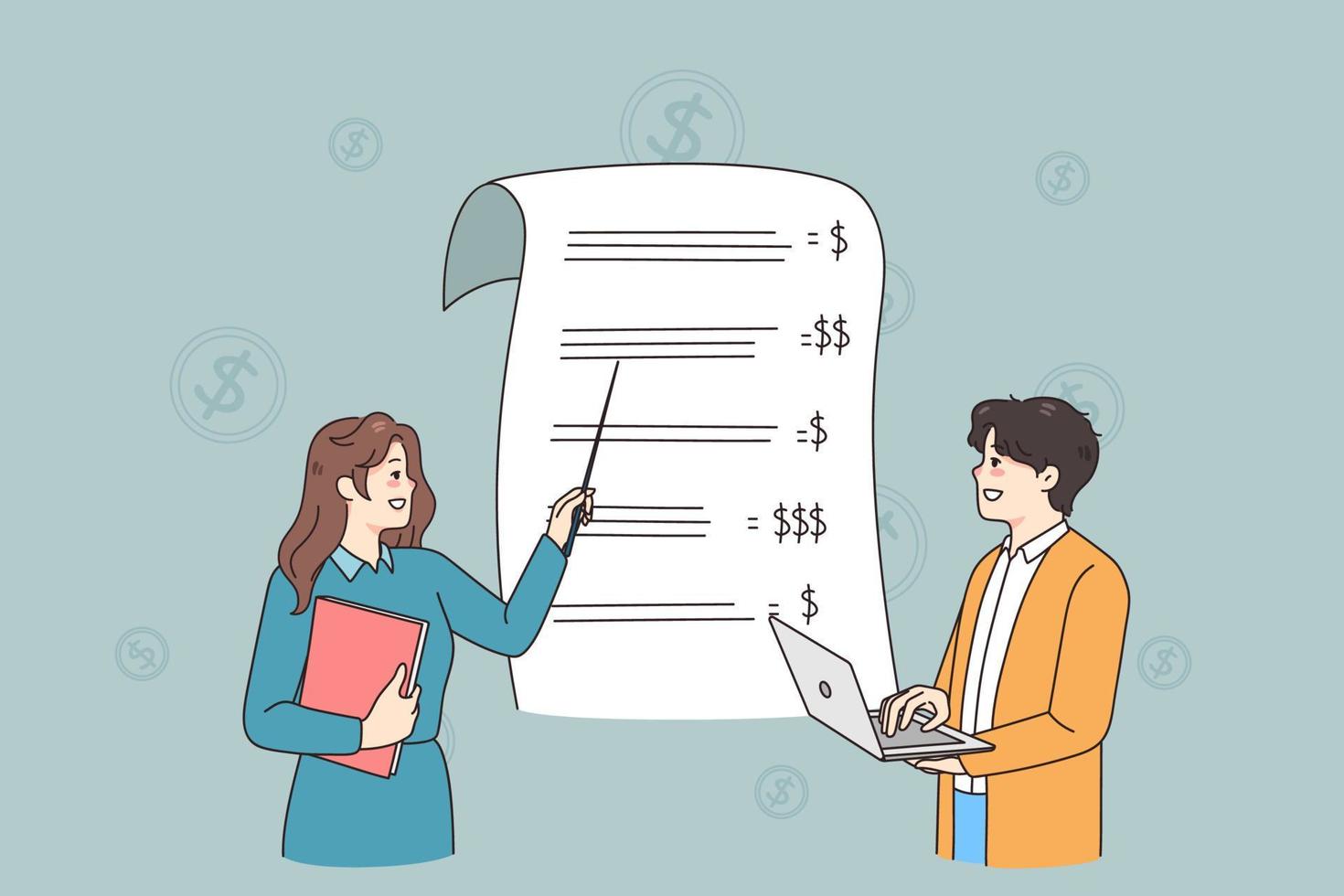 Female teacher explain finances to guy student at class in school or college. Financial advisor or consult talk about money earn and cost optimization strategies. Flat vector illustration.