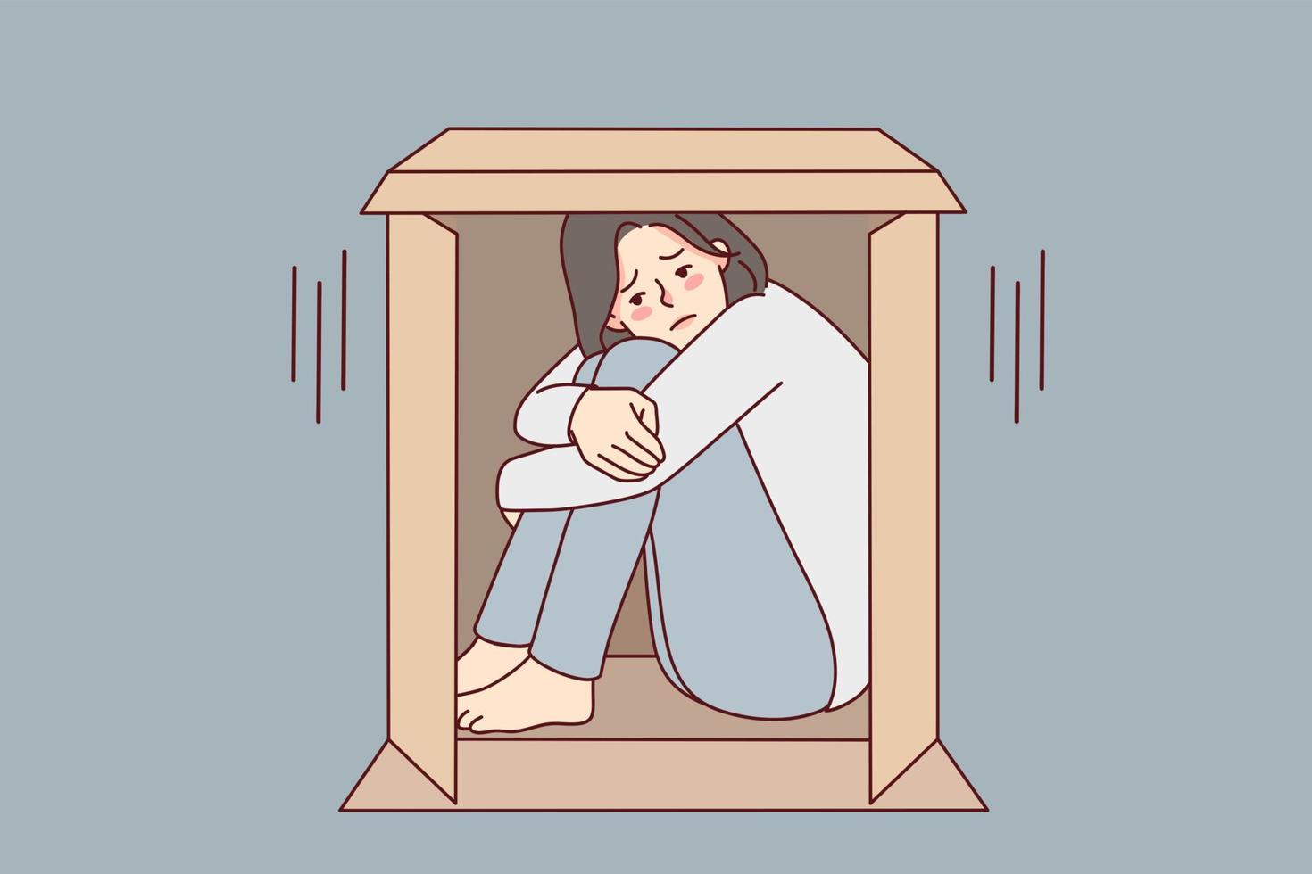 infeliz joven mujer sentar en caja sufrir desde sociofobia trastornado niña esconder en cartulina paquete o empaquetar dificil desde soledad o soledad. vector ilustración.