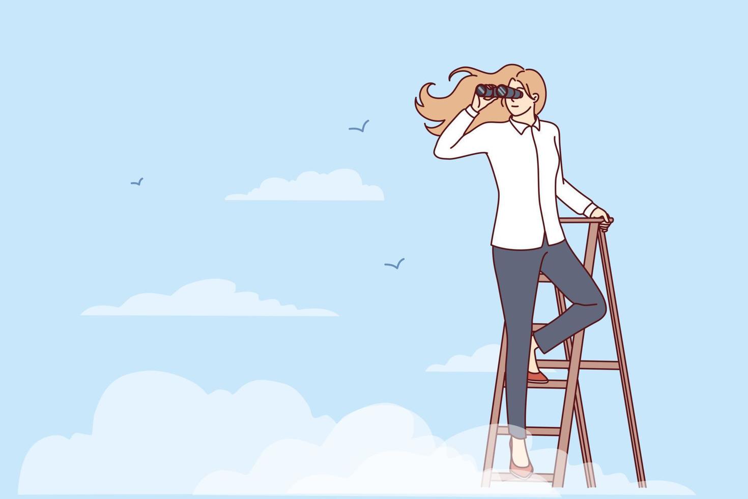 Woman leader stands on top of stepladder among clouds and looks into distance through binoculars. Purposeful girl climbing career ladder makes plans for future to search for business opportunities vector