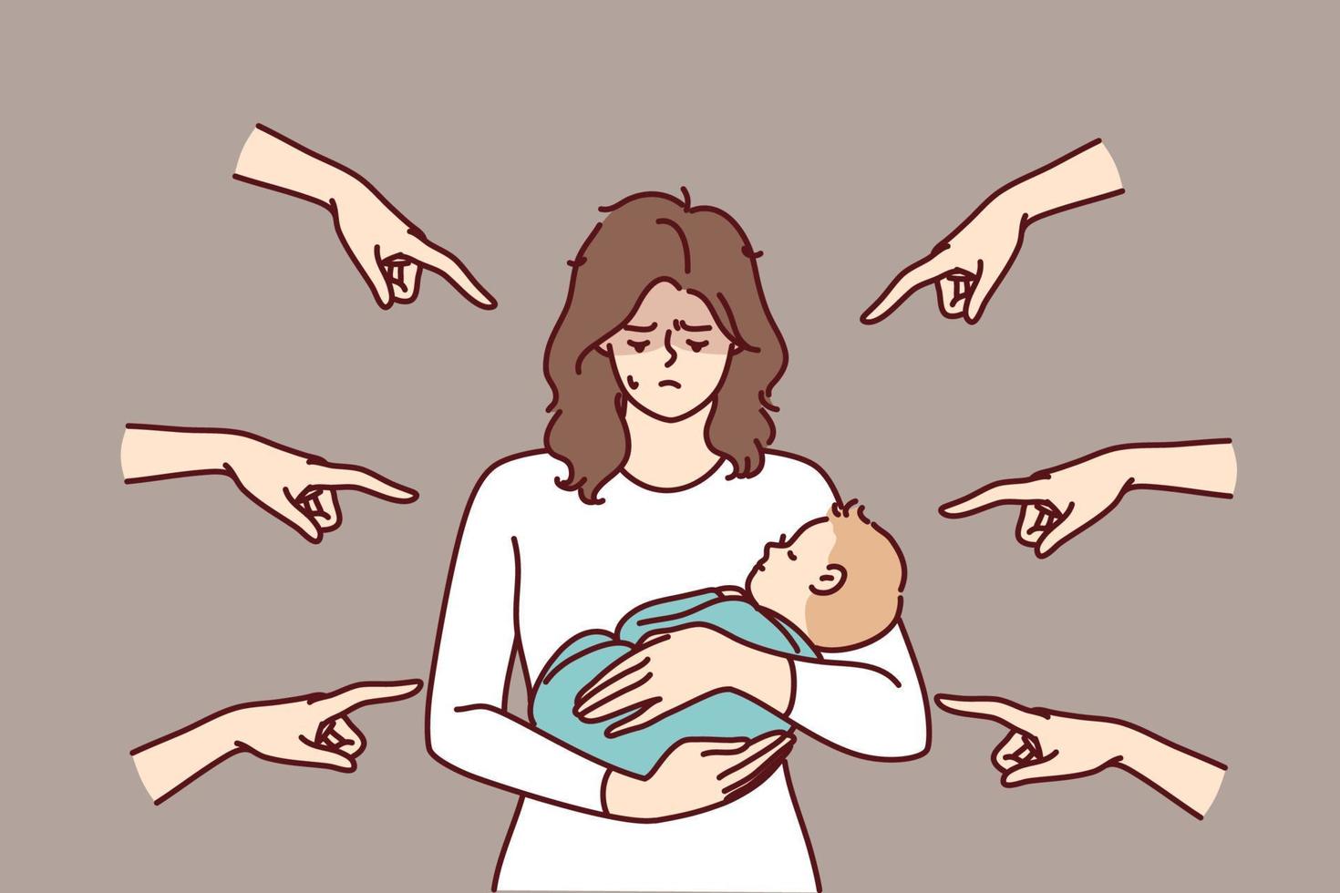 Young mother with baby in arms is ashamed because of condemnation of surrounding people pointing fingers. Woman who becomes mother feels postpartum depression and needs psychological support vector