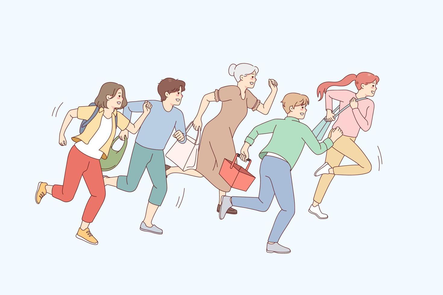 People running go shopping on sales. Excited shopaholics rush hurry for discounts or promotion. Vector illustration.