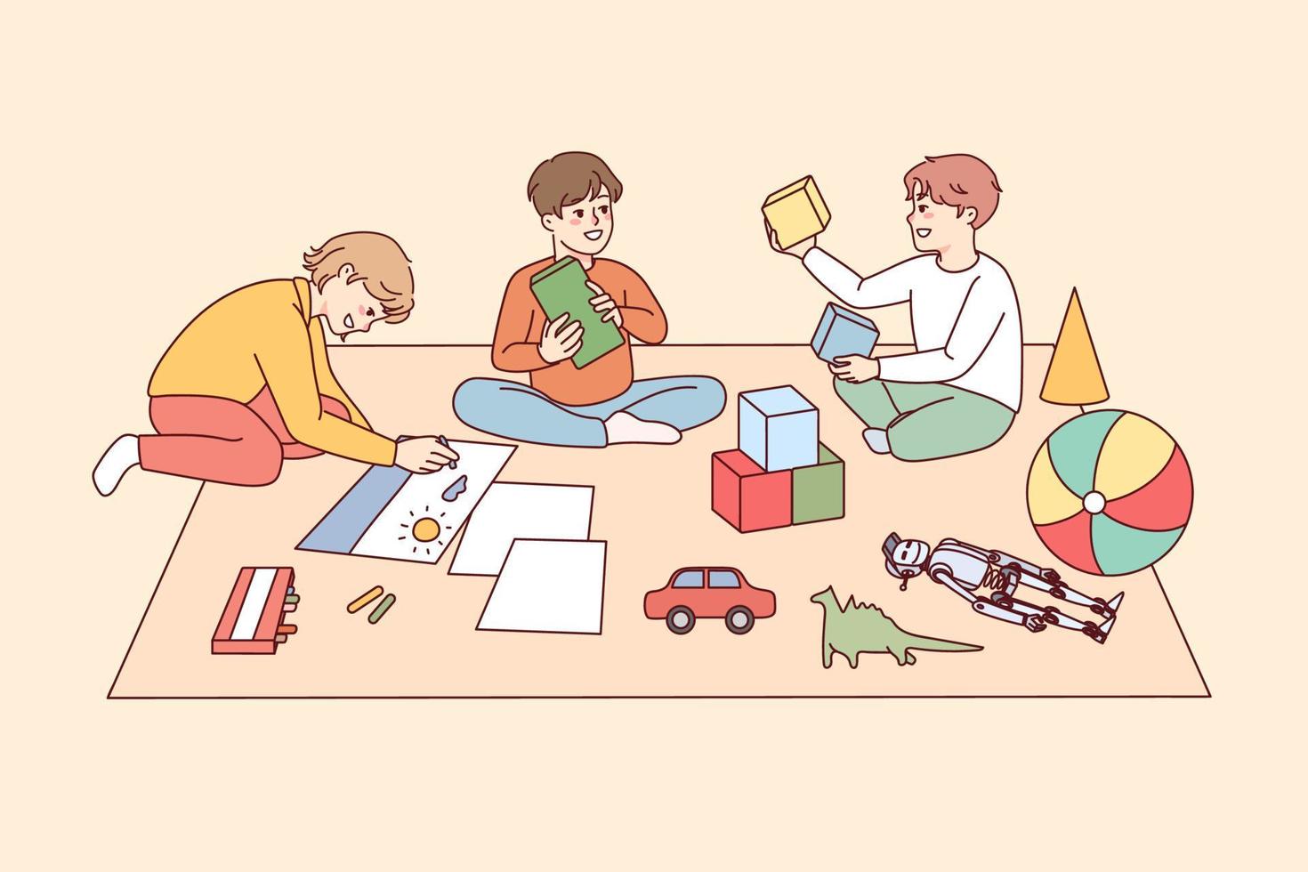 Happy kids sitting on floor playing with toys together. Smiling children have fun enjoy game activity in group. Childhood. Vector illustration.