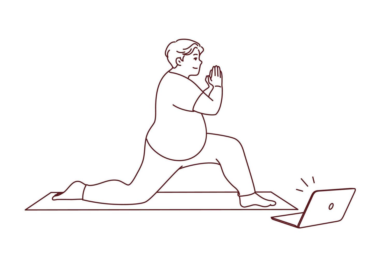 Fat man in sportswear training on mat with online video lesson on computer. Overweight male do sports exercise with classes on internet on laptop. Healthy life and weight loss. Vector illustration.