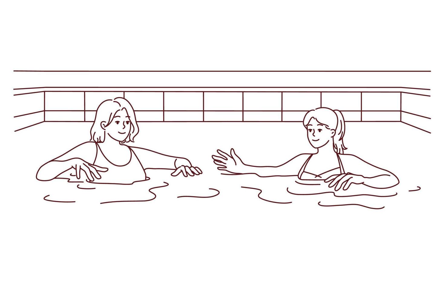 mujer en trajes de baño tener divertido en nadando piscina juntos. hembra amigos en bikini nadar en agua en interior piscina. pasatiempo y recreación. vector ilustración.