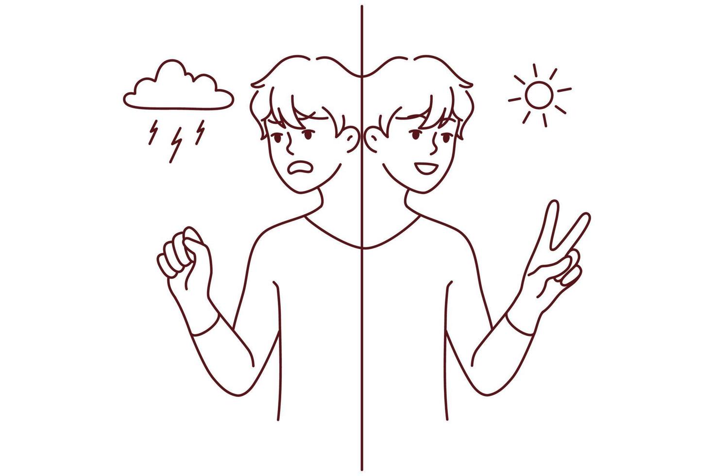 Young man in different mood suffer from mental or psychological problem. Mad and happy male mood swings. Bipolar disorder. Vector illustration.