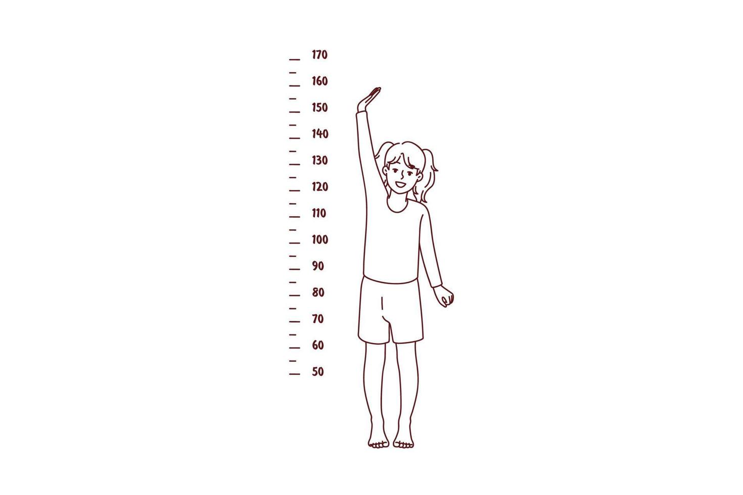 Small girl child show height standing near measuring tape on wall. Little kid growing showing how tall she is. Childhood aging concept. Vector illustration.