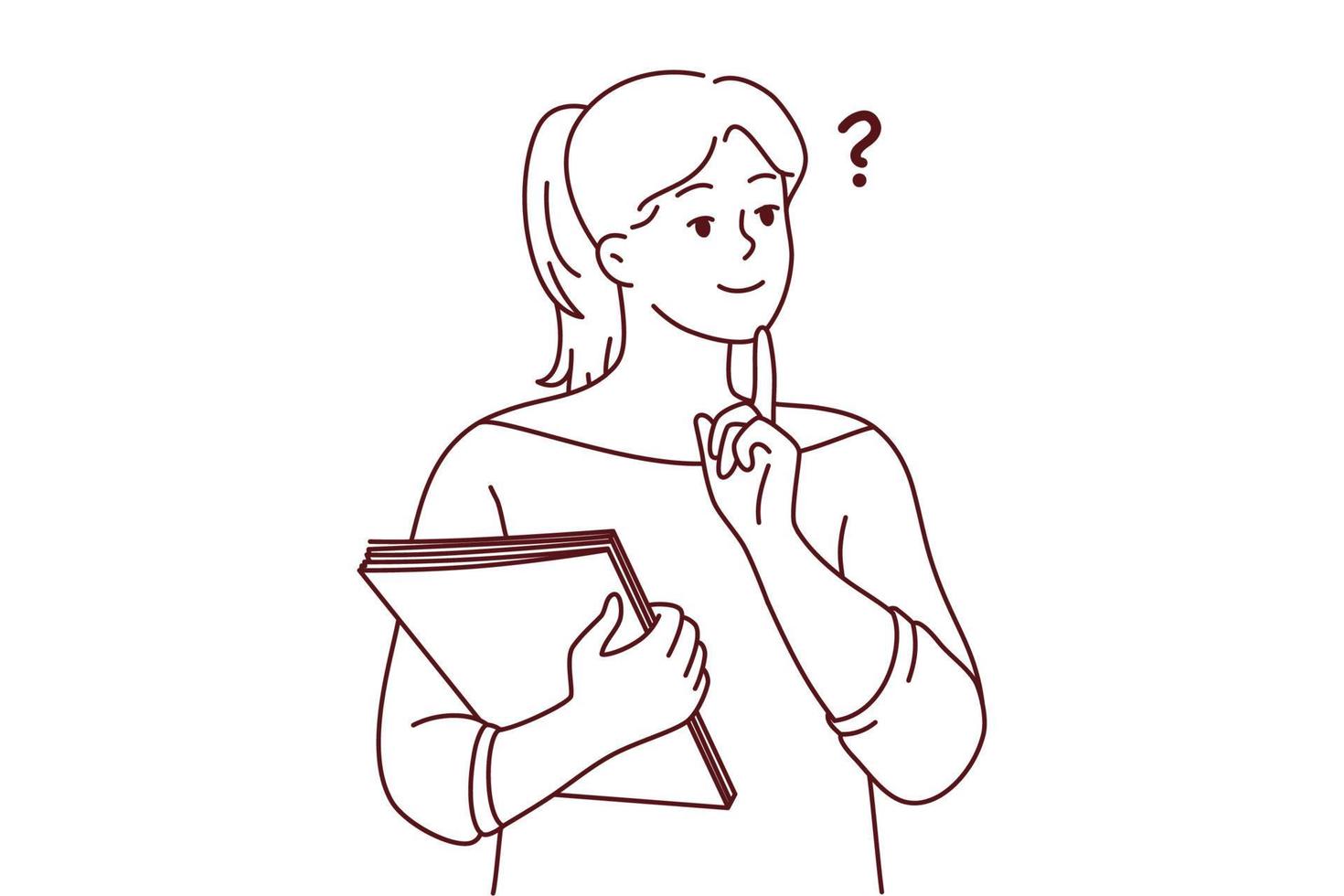 Pensive young woman with documents make decision or plan. Thoughtful girl thinking and brainstorming. Vector illustration.