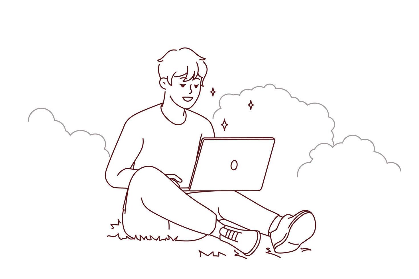 Smiling young man sit on grass in park working on laptop. Happy guy relax outdoors with computer. Freelancer and remote work. Vector illustration.