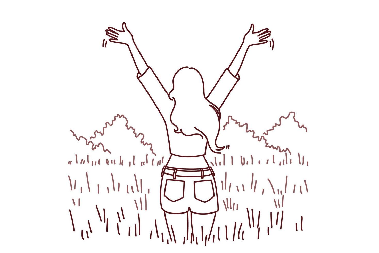 Back view of woman stand in field with hands raised excited with good day. Overjoyed girl enjoy mental health and recovery. Vector illustration.