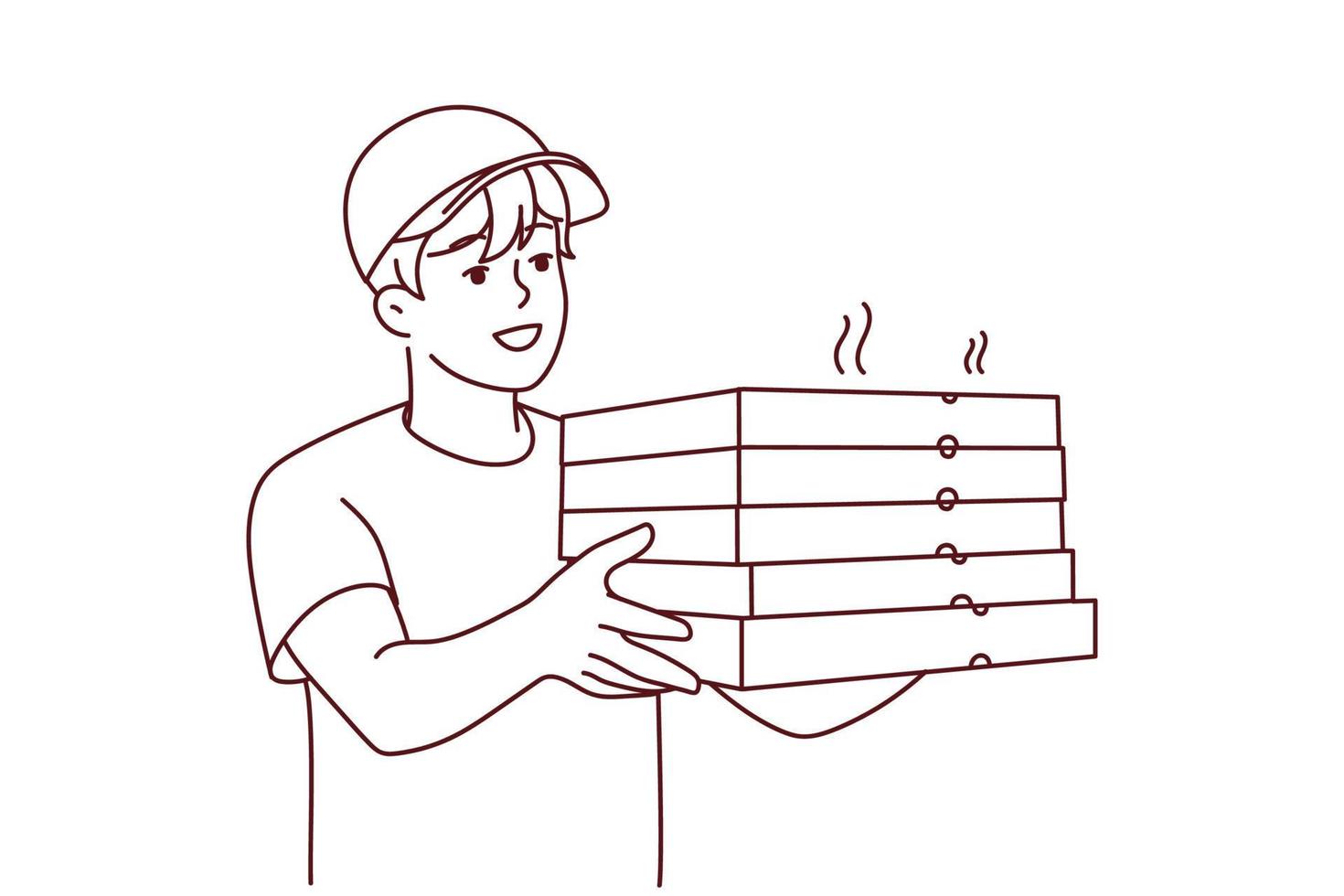 Smiling male courier in uniform deliver hot pizza to client. Happy deliveryman with pizza boxes in hands. Food delivery service. Vector illustration.