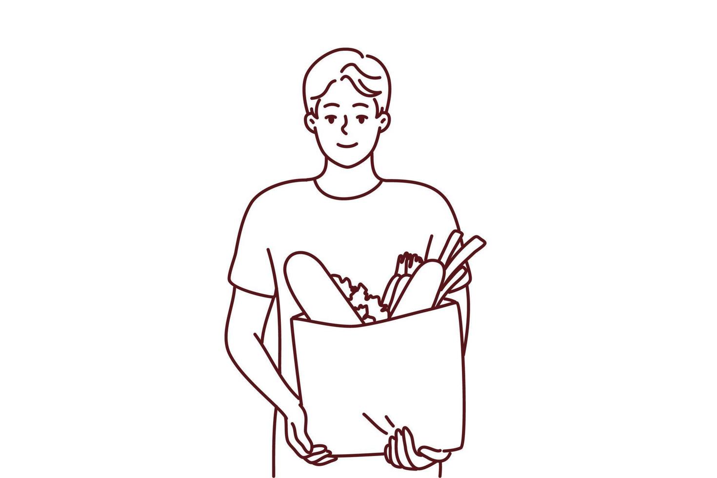 Portrait of smiling young man with bag with groceries. Happy guy holding package with goods and products. Shopping and nutrition. Vector illustration.