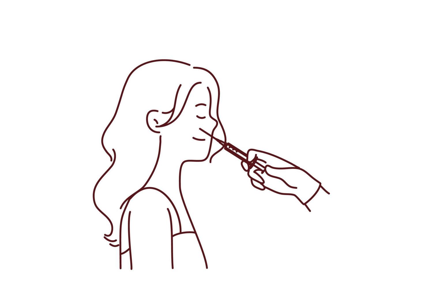 Beautician doctor with syringe make injection to woman face in salon. Female patient have botox procedure in saloon. Medicine and beauty concept. Vector illustration.