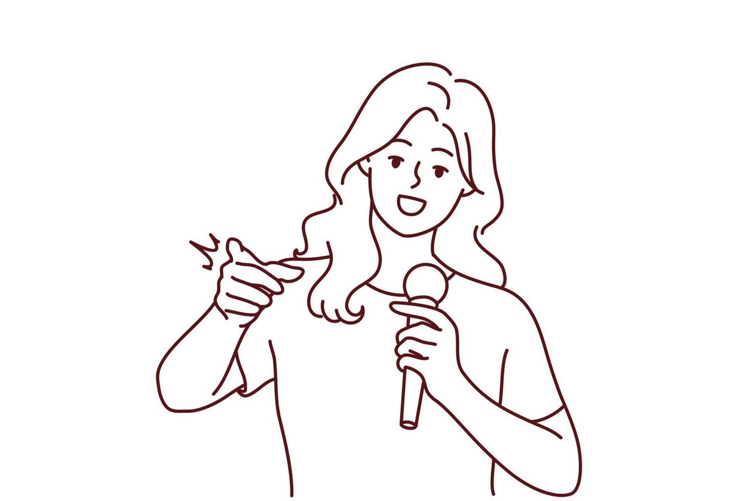 Woman with microphone make speech point at screen. Smiling female speaker with mic communicate with audience. Vector illustration.