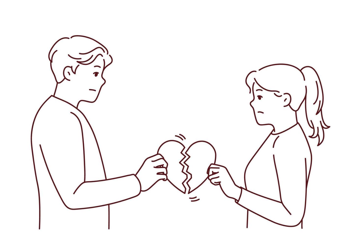 Unhappy couple holding broken heart suffer after breakup or split. Upset man and woman break up relationships. Love end and family divorce. Vector illustration.