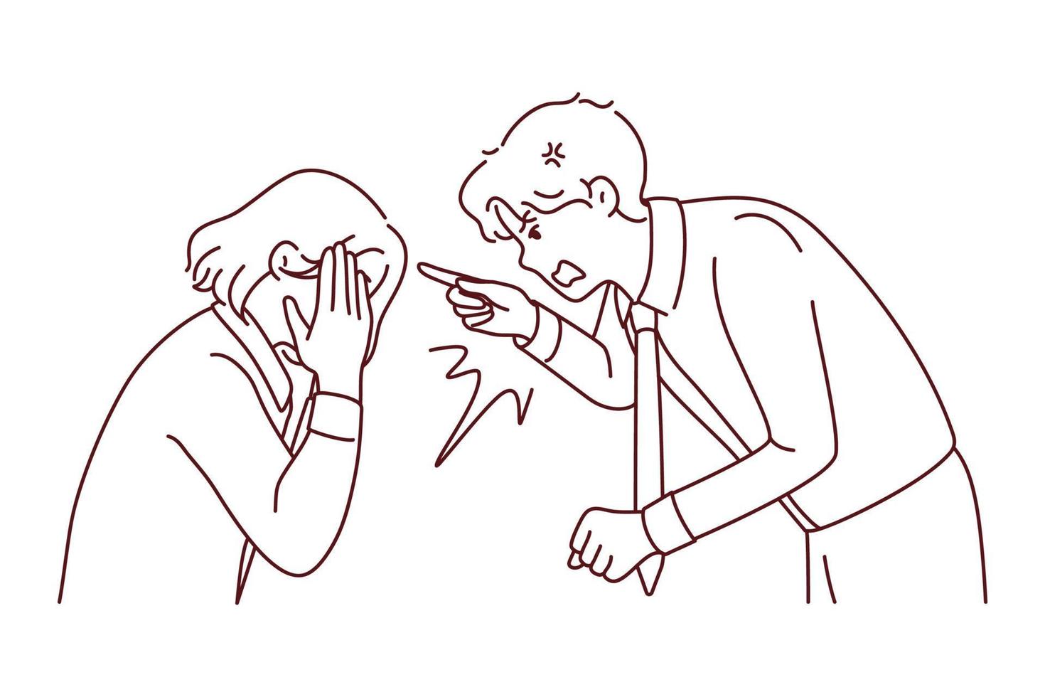 Furious businessman scolding stressed female employee at workplace. Angry male boss lecture scream at unhappy distressed woman worker. Vector illustration.