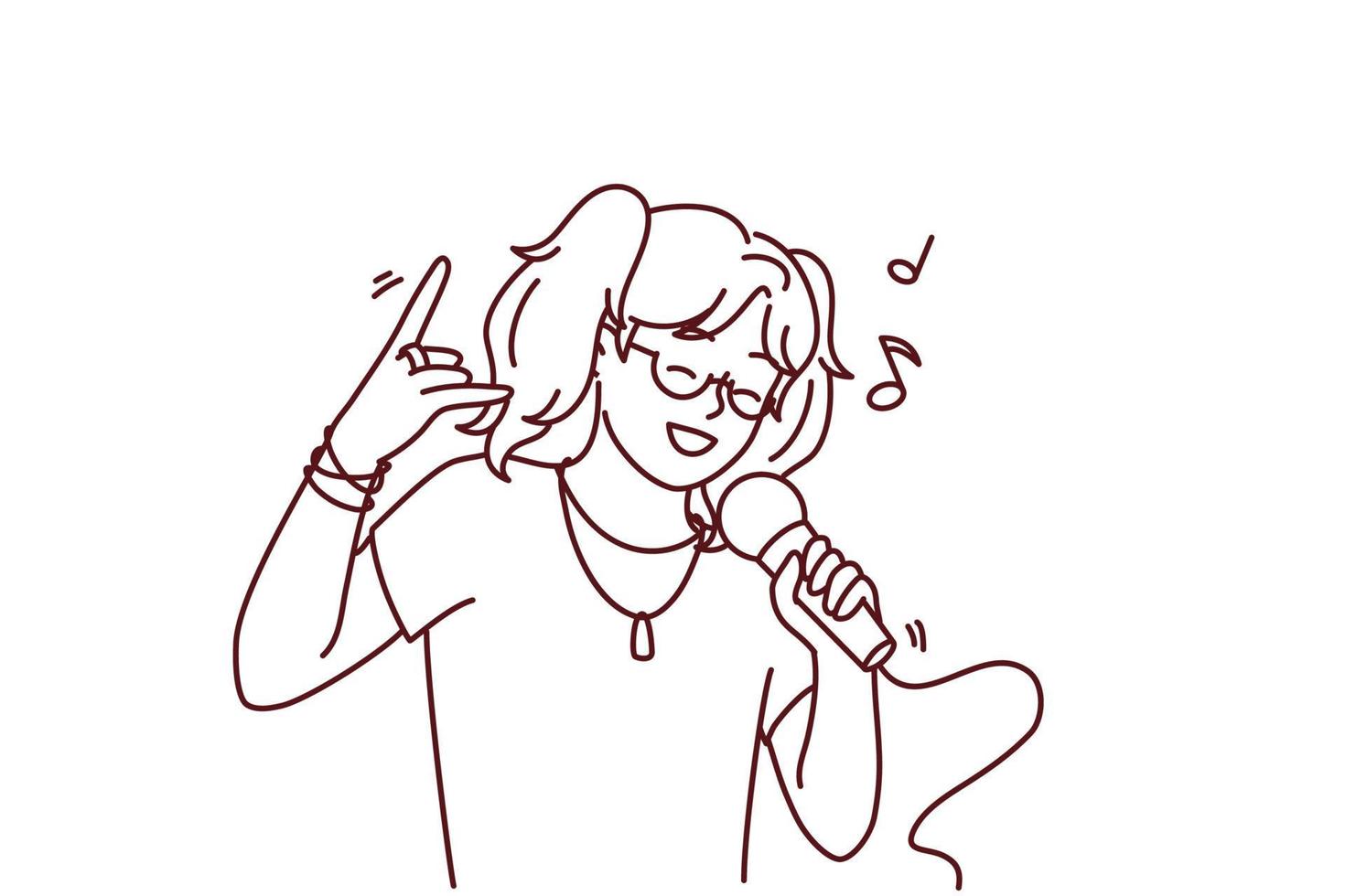 contento niña tener divertido canto en micrófono en karaoke sonriente niño disfrutar ocio hora canta canción en mic en club. entretenimiento y pasatiempo. vector ilustración.