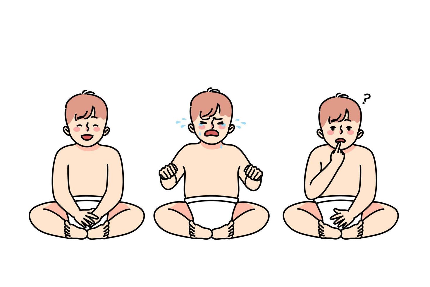 Set of baby infant in diaper show different emotions. Collection of little newborn child feel sad and happy, crying or smiling. Childhood and parenting concept. Flat vector illustration.