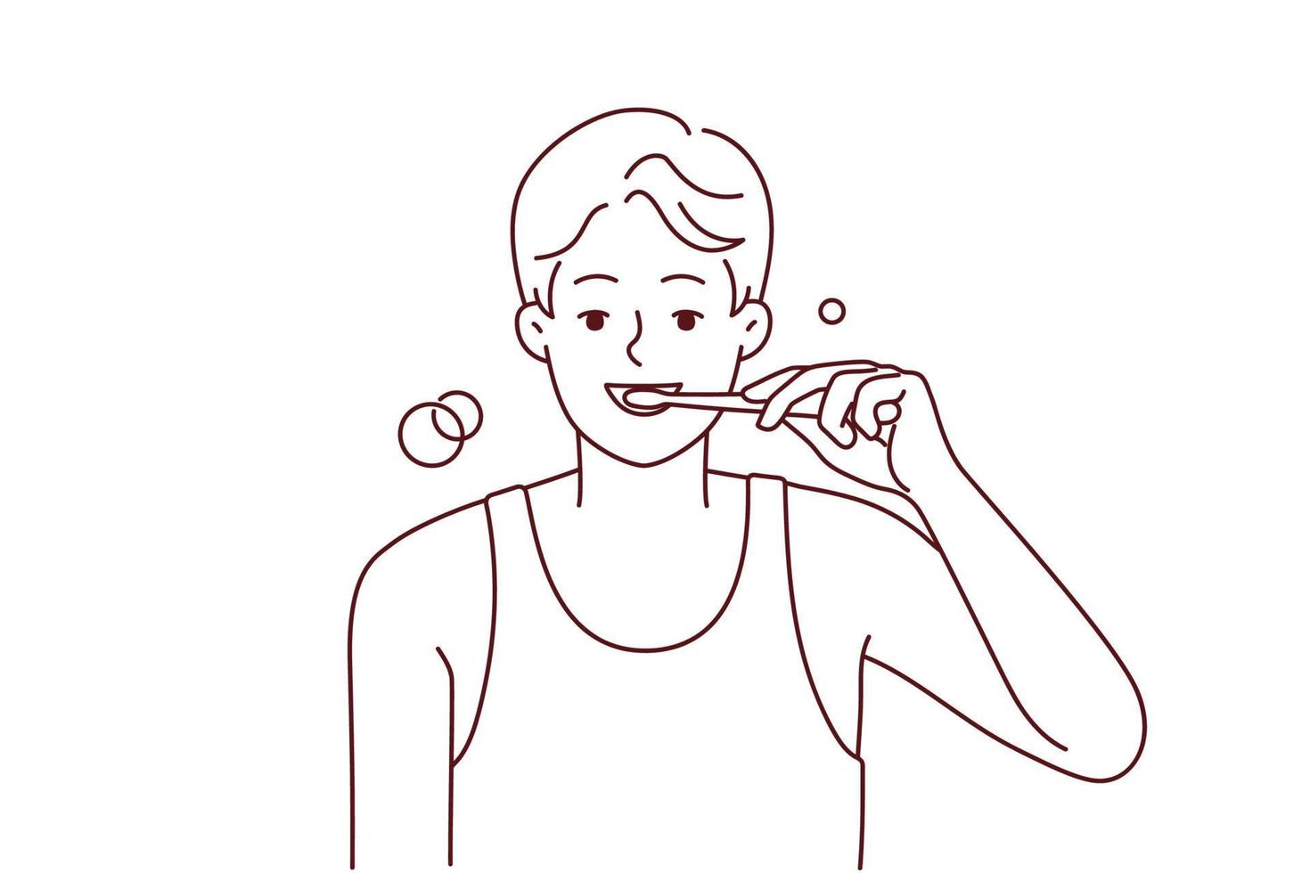 Smiling young man brushing teeth with toothbrush in morning. Happy guy do oral care daily routine in bathroom. Good habit. Vector illustration.