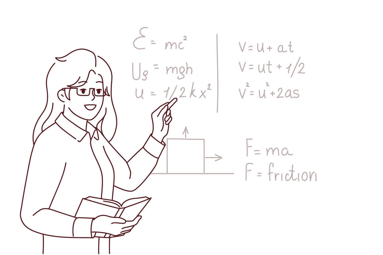 Smiling female teacher standing near black board talking at lesson in school. Happy woman tutor lead math class for pupils. Education. Vector illustration.