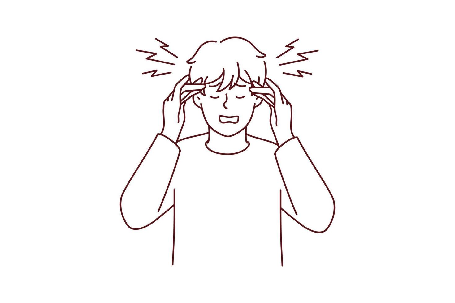 Stressed young man suffer from headache or migraine. Unhealthy distressed male struggle with dizziness and spasm. Stress and anxiety. Vector illustration.