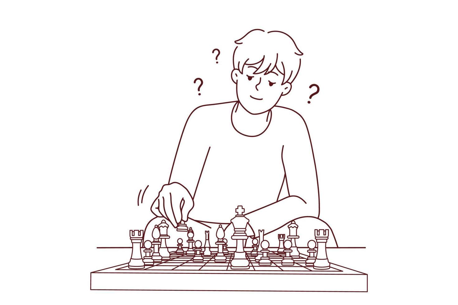 Young man feel frustrated think playing chess at home. Millennial guy involved in game on chessboard. Hobby concept. Vector illustration.