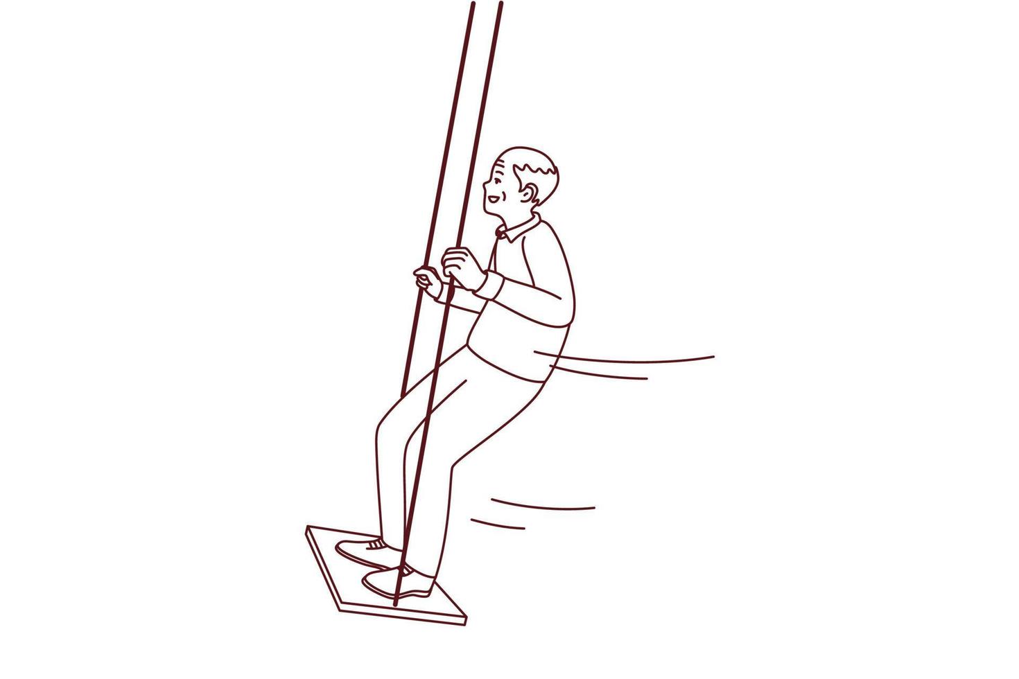 Happy energetic old man have fun on swing enjoy maturity. Smiling mature grandfather swinging outdoors show activity and energy on pension. Vector illustration.