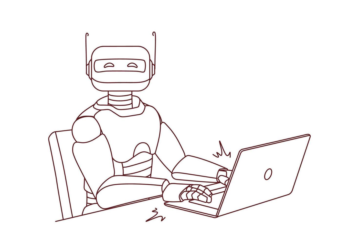 robot trabajando en computadora en oficina. moderno humanoide mecanografía en ordenador portátil. artificial inteligencia concepto. robótico asistente a lugar de trabajo. vector ilustración.