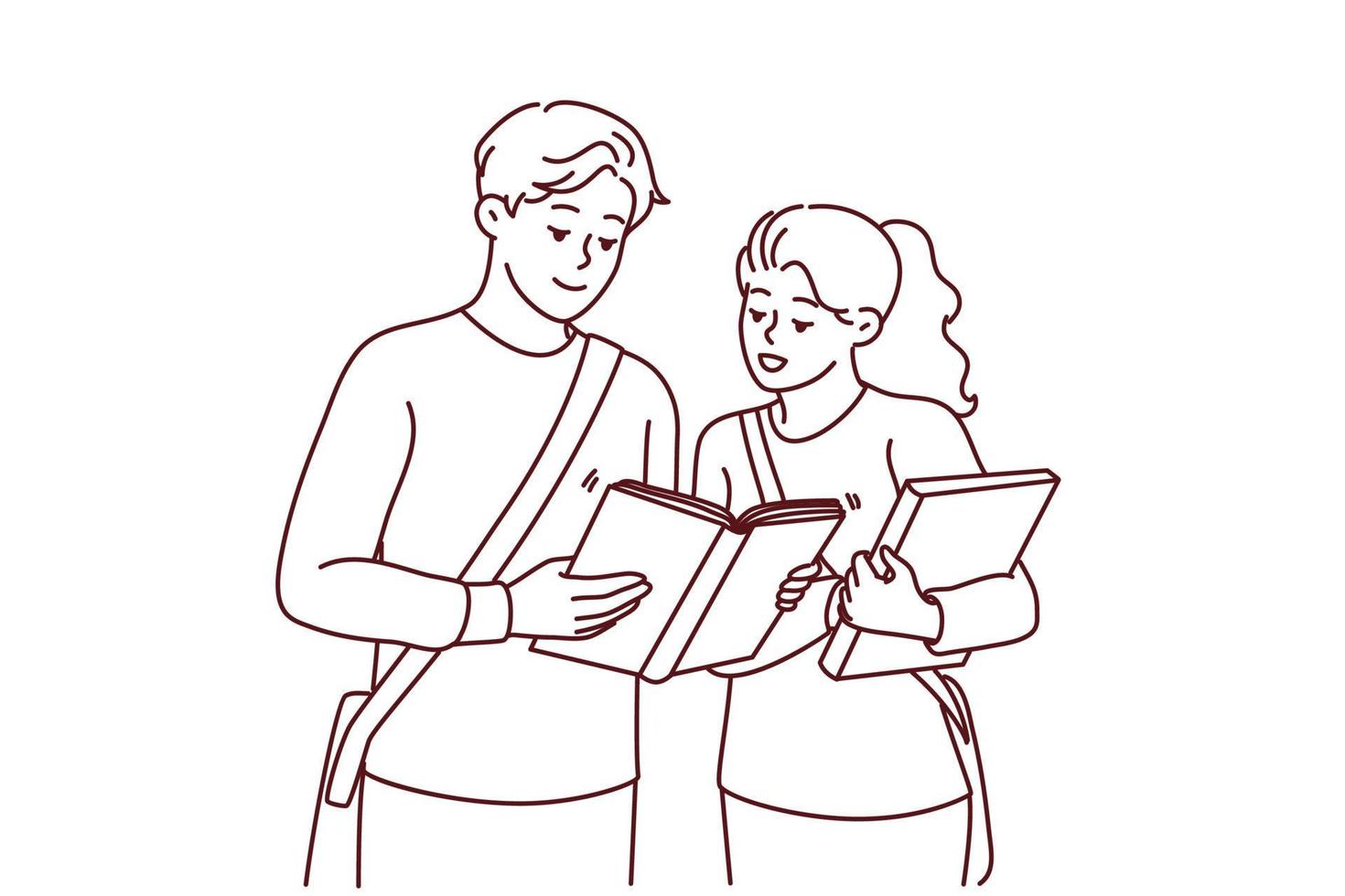 Happy students with book get ready for school exam or lesson. Smiling millennial people with textbooks before class in college. Vector illustration.