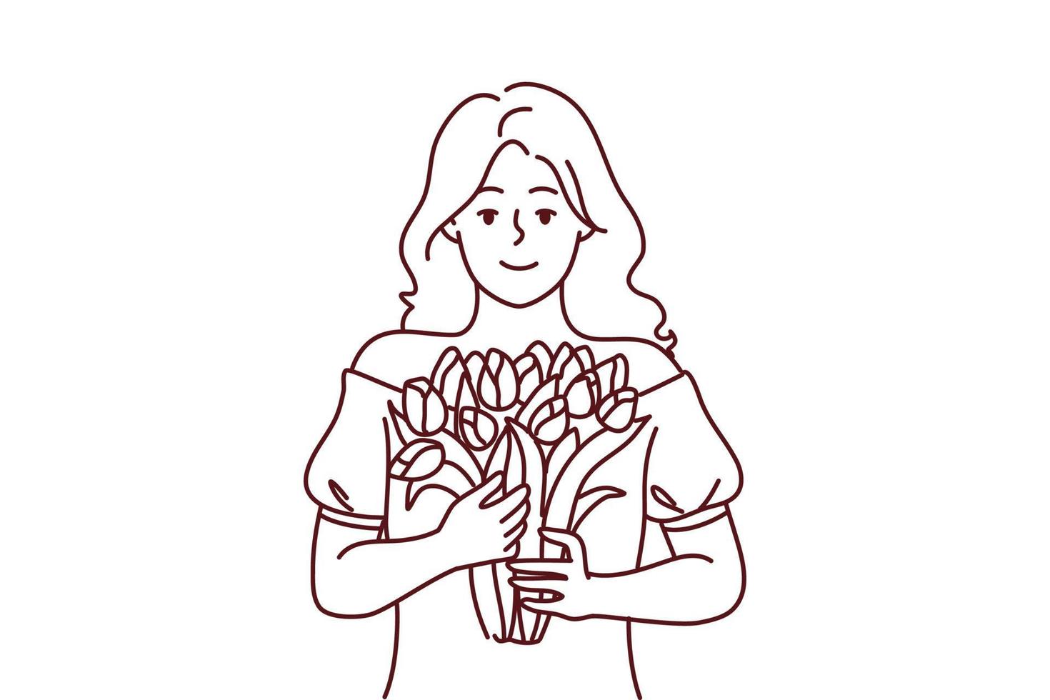 retrato de sonriente mujer participación flores en manos. contento niña con ramo de flores sensación contento celebrando cumpleaños aniversario. vector ilustración.