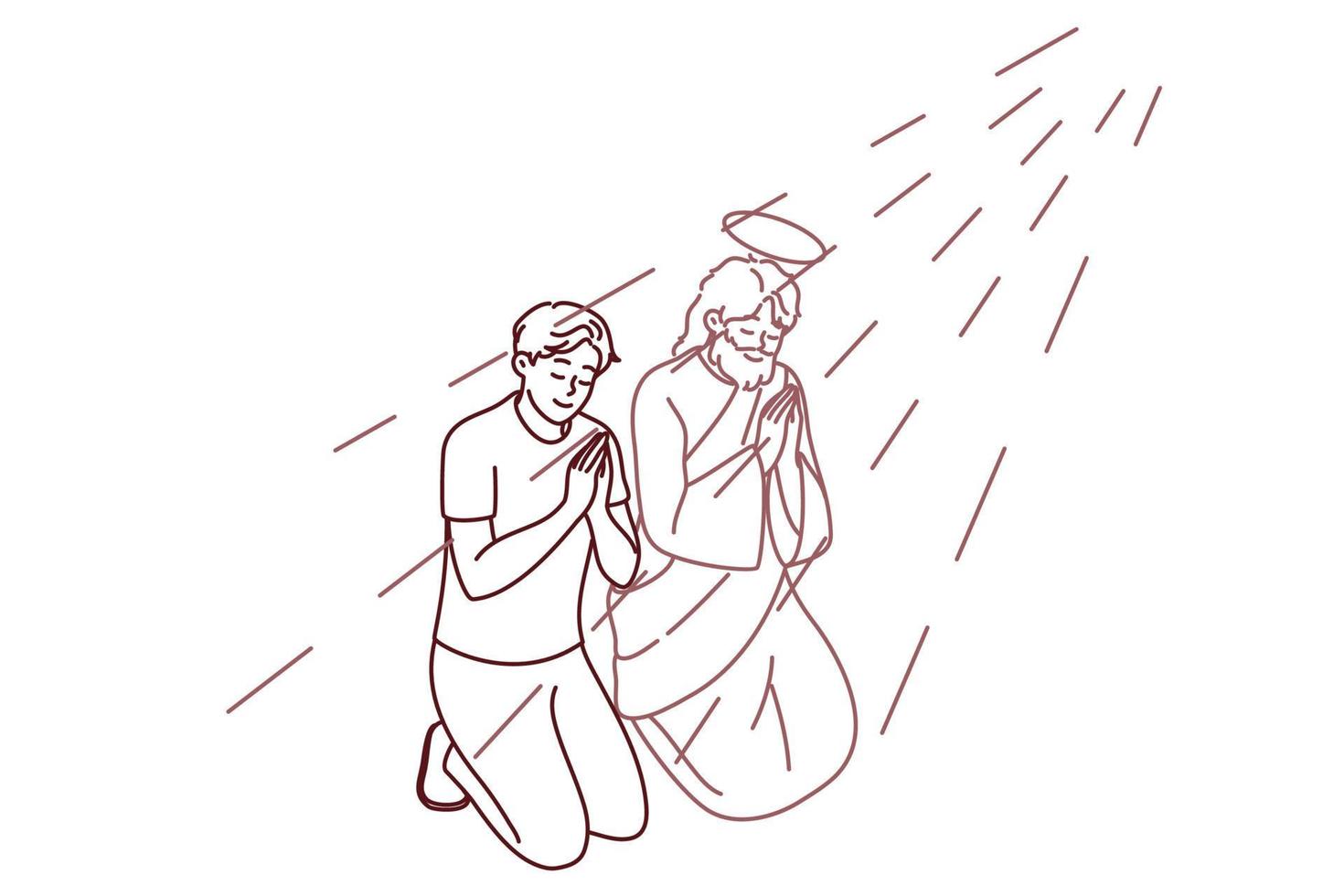 Religious young man kneel near Jesus Christ praying with hands together. Male believer pray for good life. Religion and faith. Vector illustration.
