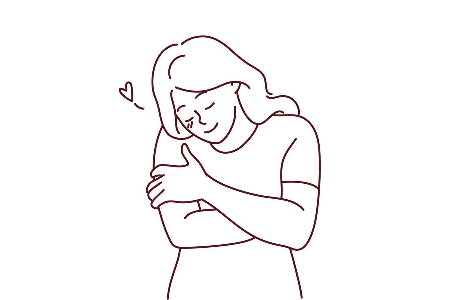 Happy young woman hugging herself show self-love and care. Smiling girl embrace body feeling secure and body positive. Vector illustration.