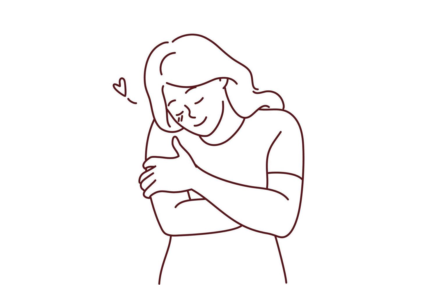 contento joven mujer abrazando sí misma espectáculo amor propio y cuidado. sonriente niña abrazo cuerpo sensación seguro y cuerpo positivo. vector ilustración.