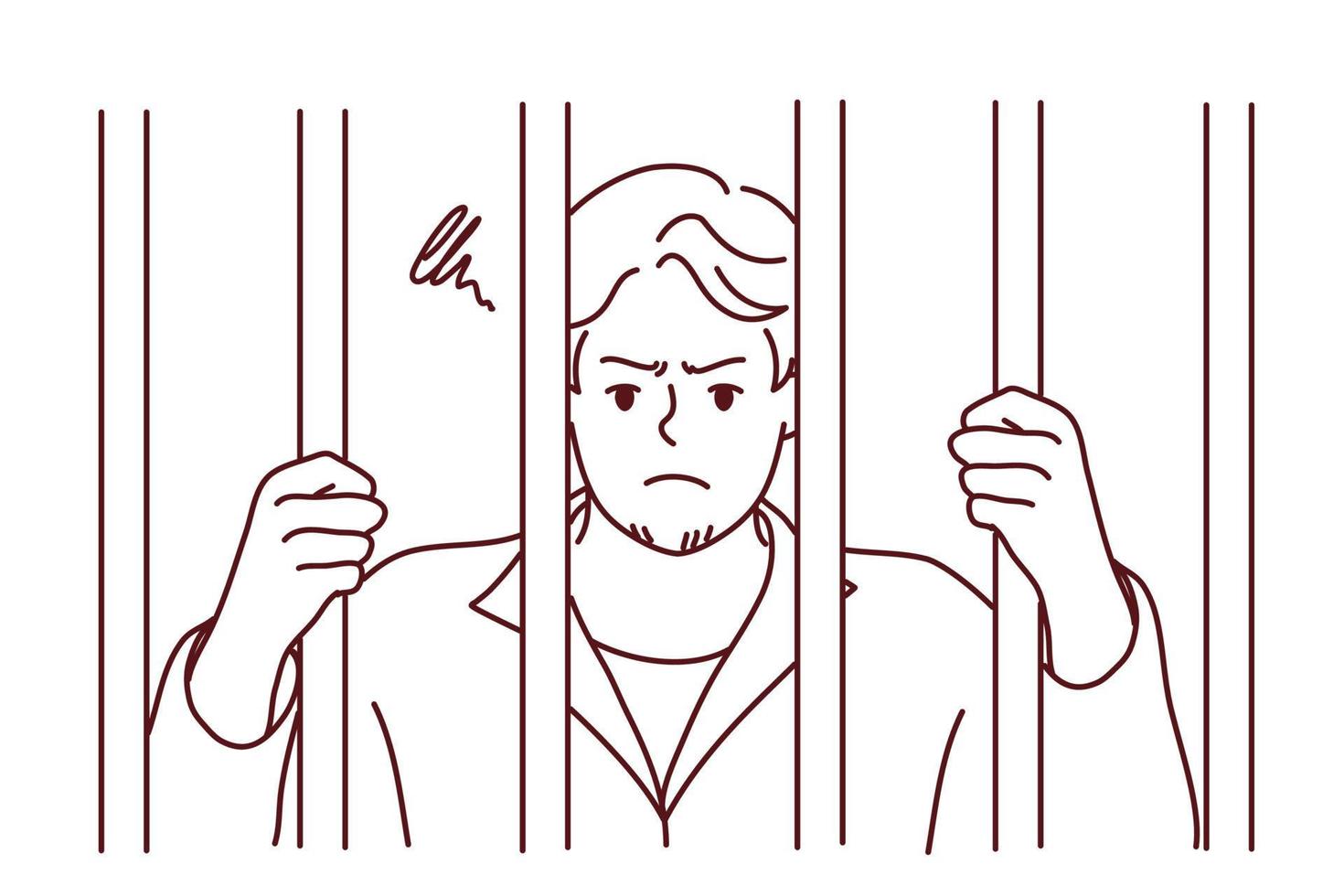 Unhappy man in robe behind bars in jail. Angry male criminal imprisoned for crime or misdemeanor. Imprisonment and sentence. Vector illustration.