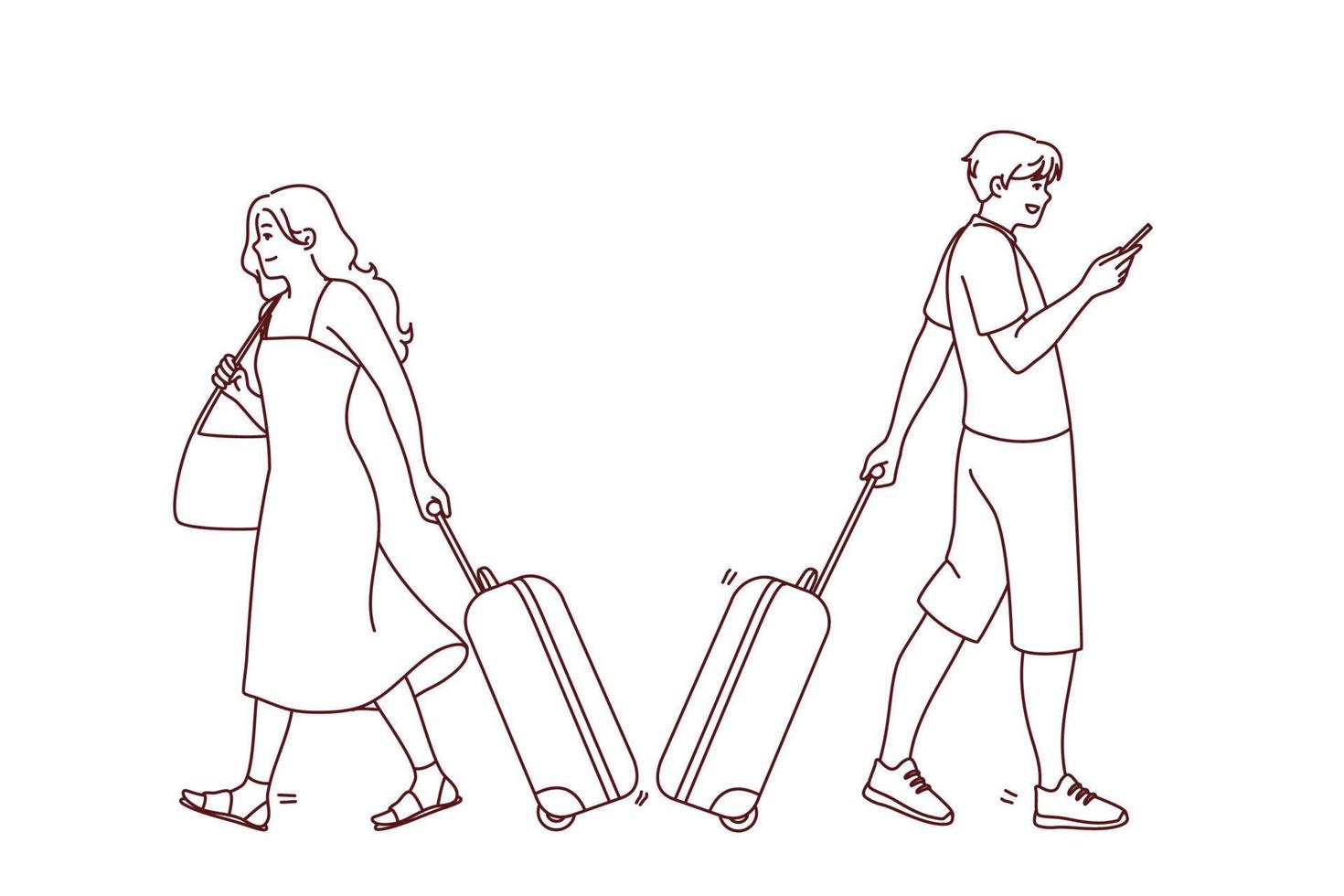 People with suitcases ready to travel in airport. Smiling tourist with baggage before vacation. Tourism and holidays. Vector illustration.