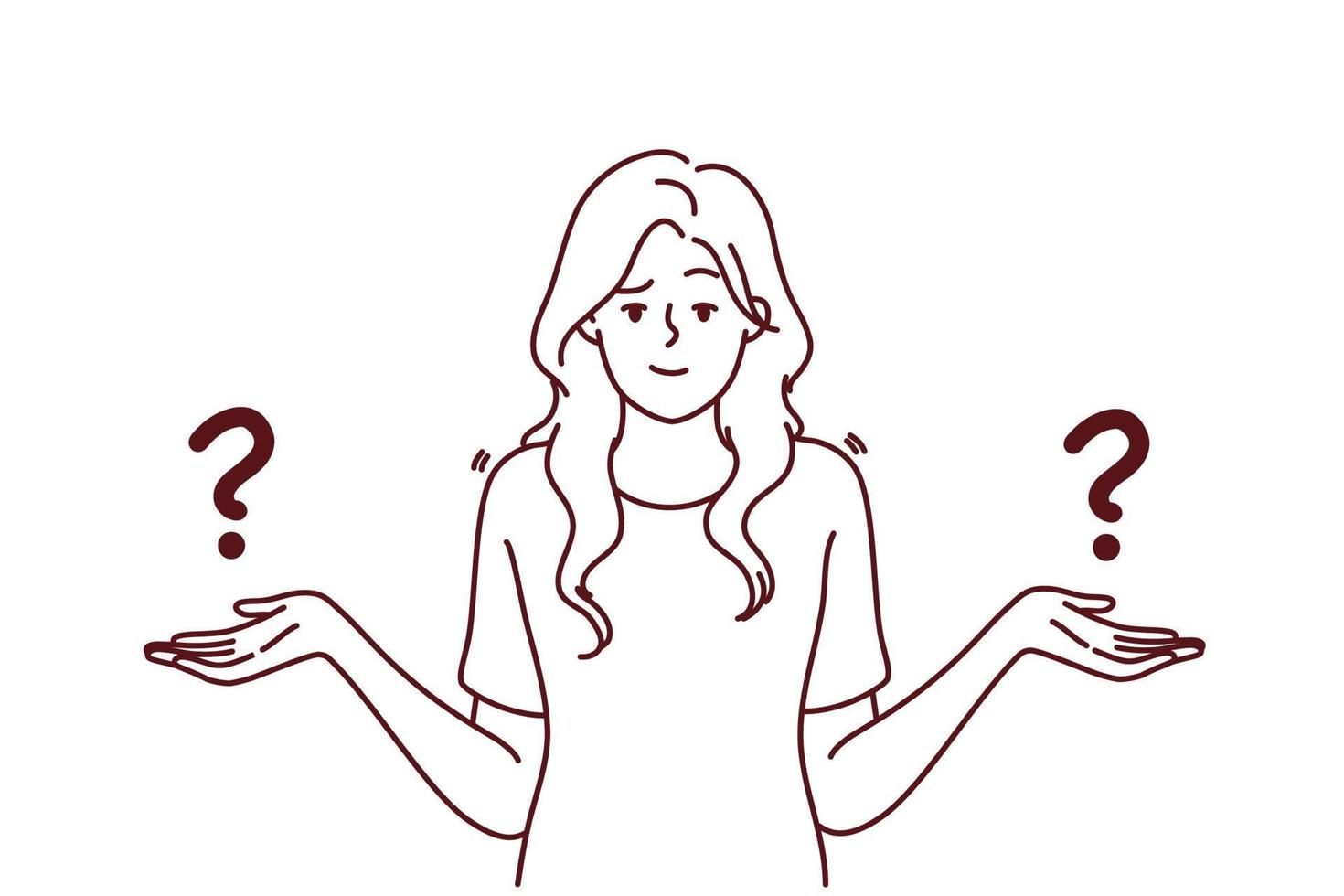 Confused woman feel frustrated making choice or decision. Distressed female have dilemma deciding or choosing. Vector illustration.