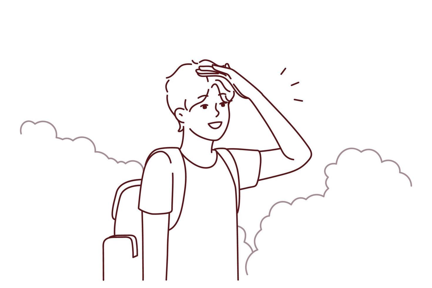 Young man with backpack stand in bushes looking for road. Millennial guy traveler get lost in park searching way out. Travel and navigation. Vector illustration.