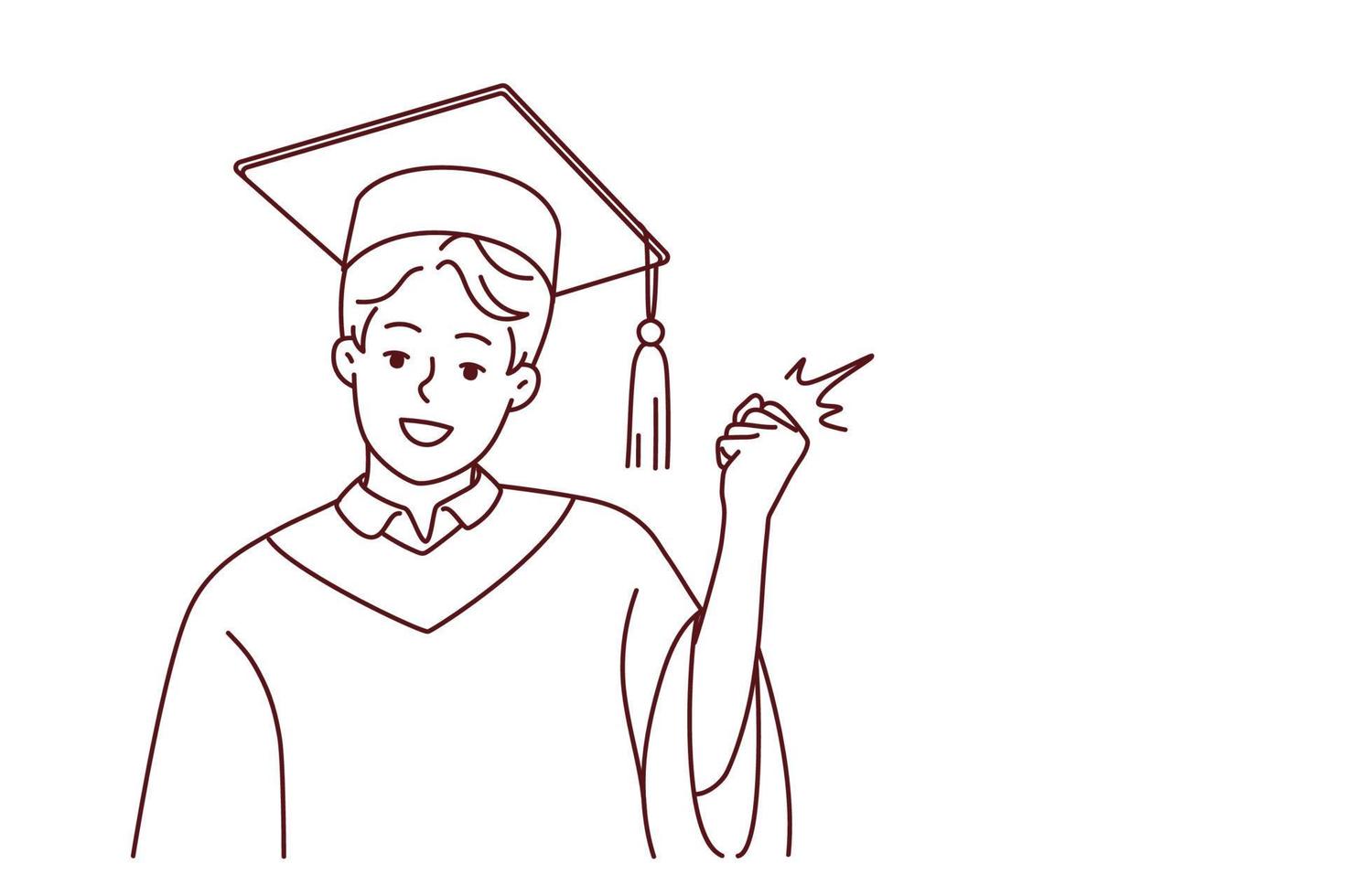 Portrait of smiling male student in mantle and hat make yes hand gesture for successful university graduation. Happy guy graduate in robe. Education. Vector illustration.