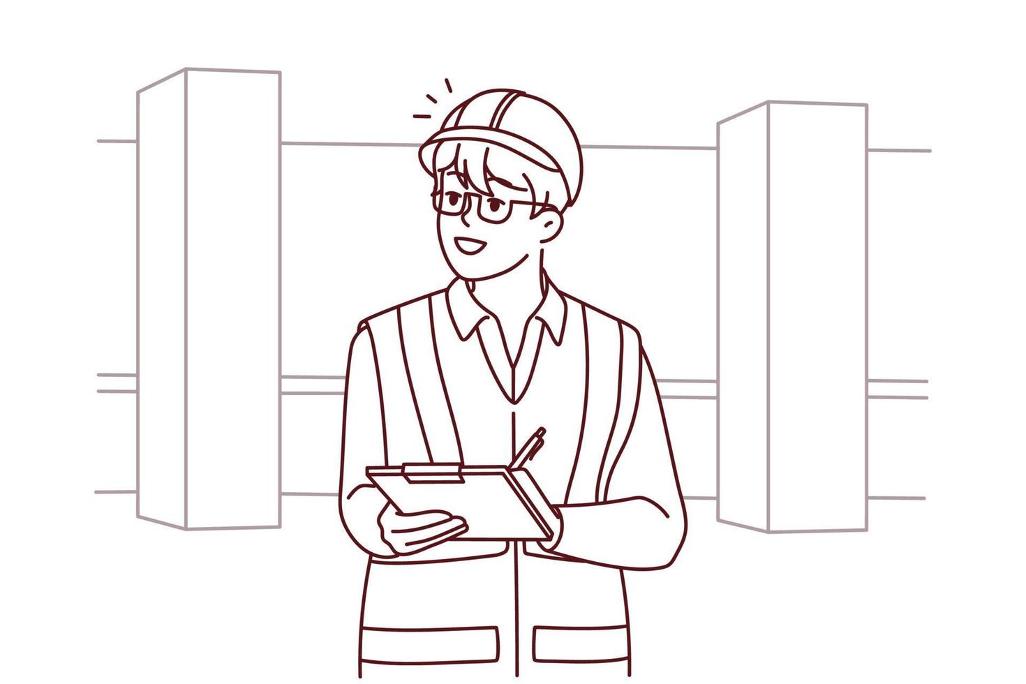 Male engineer in uniform and helmet on construction site. Man professional working at outdoor building workplace. Occupation. Vector illustration.