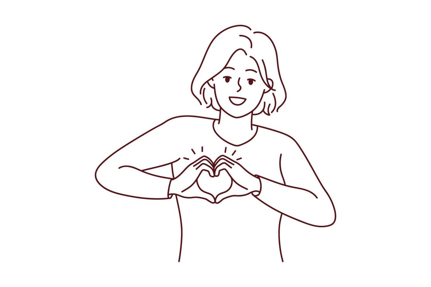 Smiling young woman show heart hand gesture at heart share care and affection. Happy girl demonstrate gratitude. Charity concept. Vector illustration.