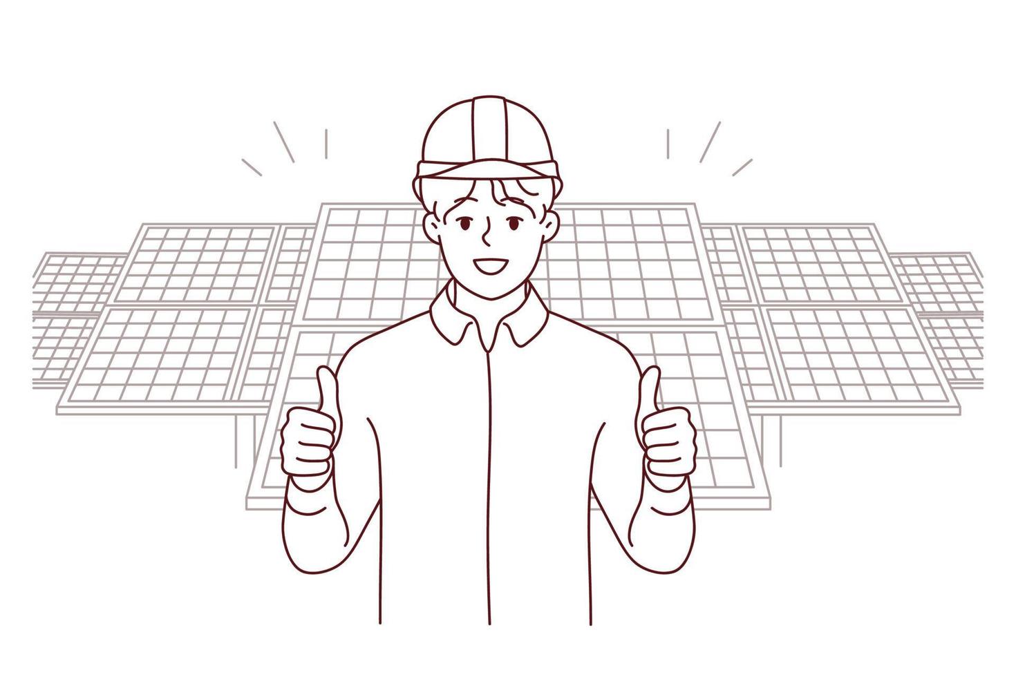 Smiling male engineer in helmet show thumb posing near solar panels. Happy man worker recommend building company. Vector illustration.