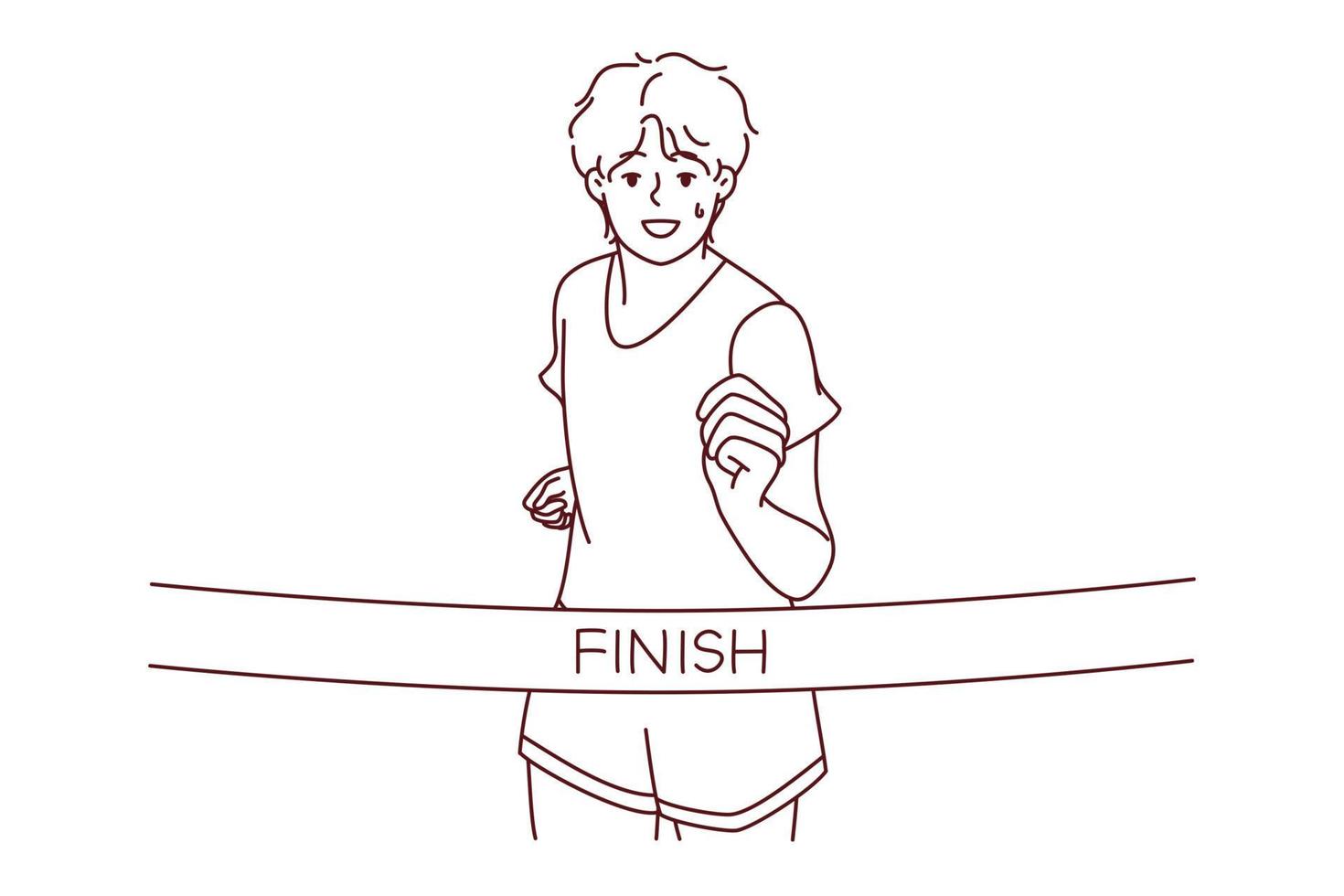 joven hombre en ropa de deporte corriendo terminar carrera primero. sonriente masculino atleta o deportista participar en deporte competencia. vector ilustración.