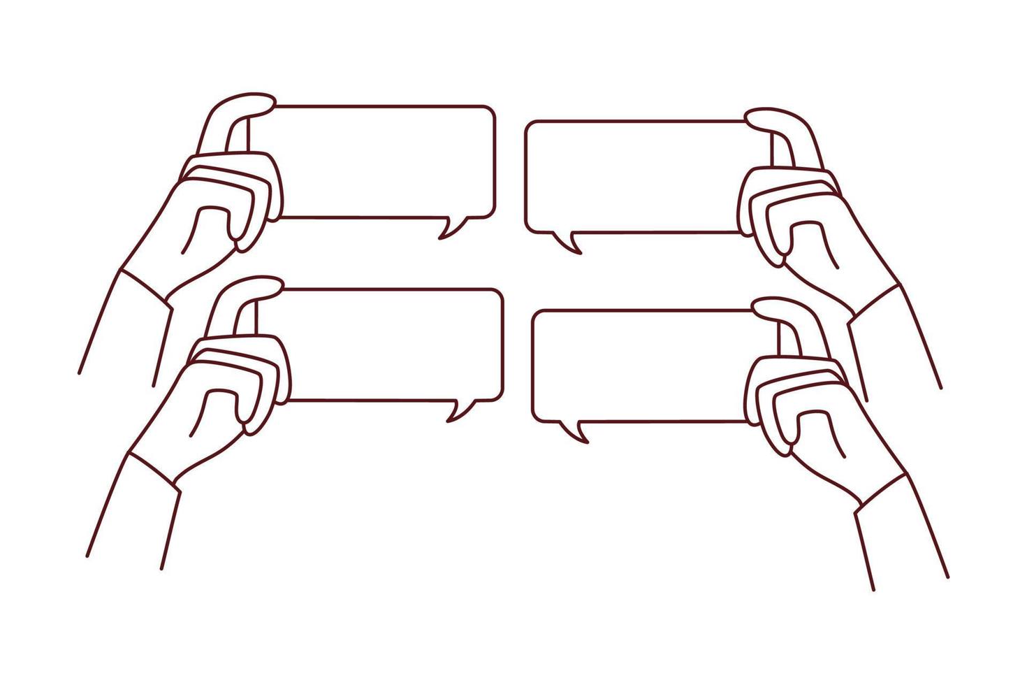 Diverse people hands holding mockup message bubbles with comments online. Users comment on internet. Talk balloons with empty copy space. Feedback and notification. vector