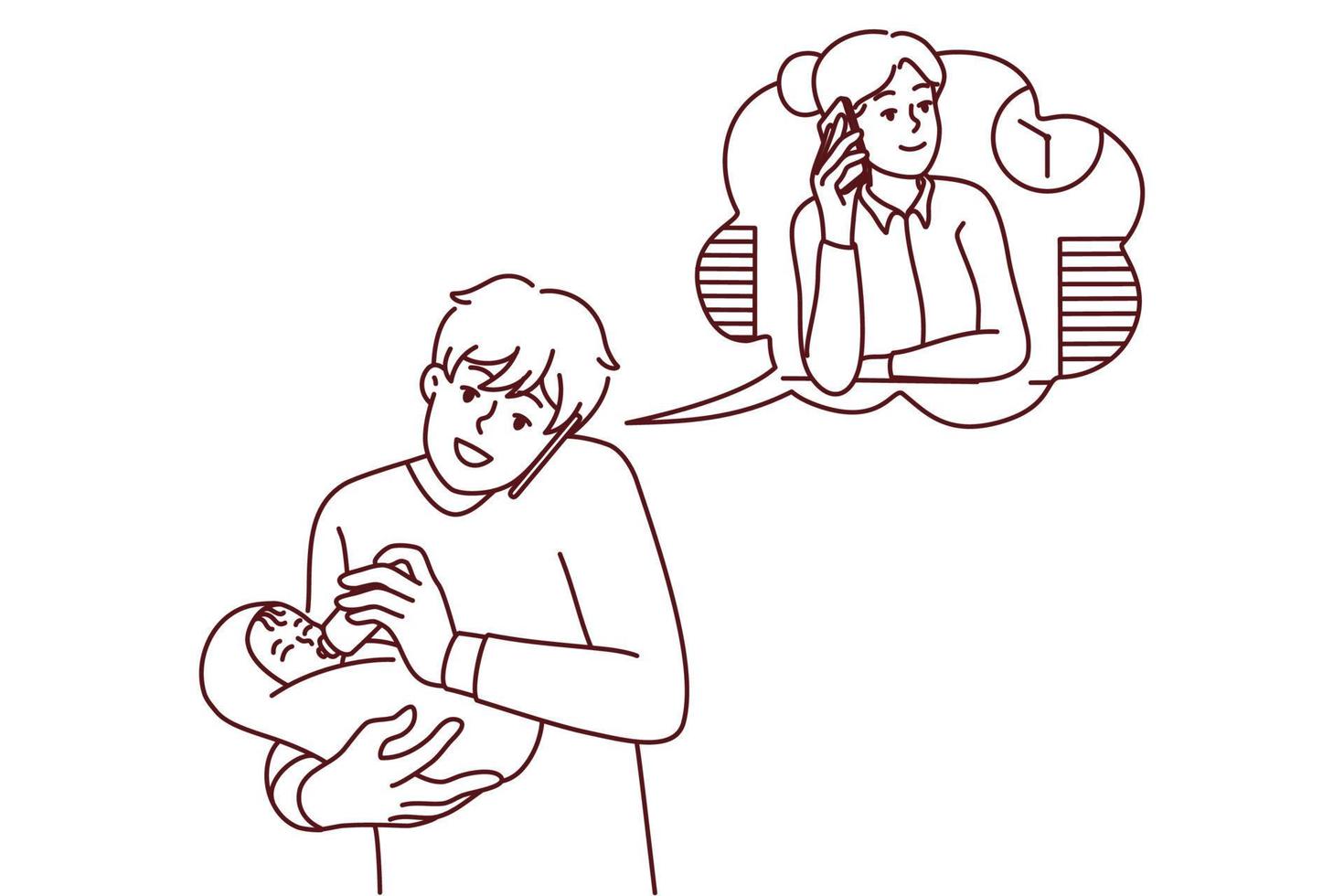 Young father feed baby infant talk with wife working in office on phone. Caring dad with child in hands have call with businesswoman mom. Vector illustration.