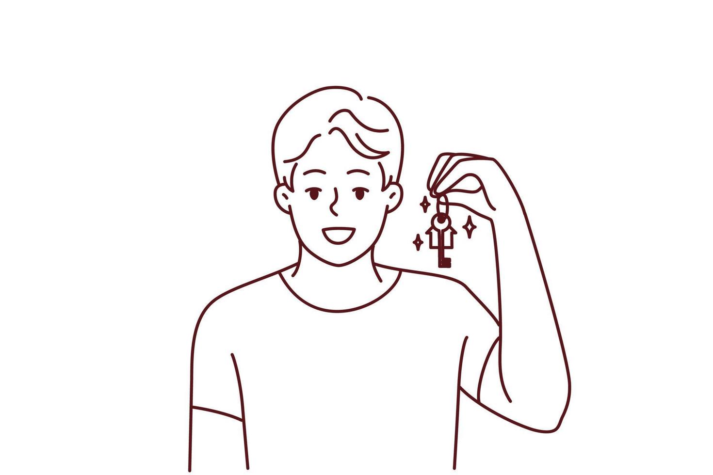 Smiling young man holding key to new house or apartment. Happy guy excited with own housing. Rent and real estate concept. Vector illustration.