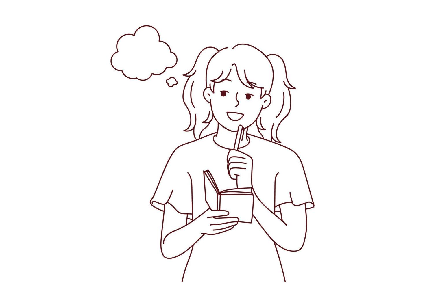 Smiling girl take notes in notebook make plans or dreams. Happy child handwrite in notepad brainstorming or daydreaming. Vector illustration.