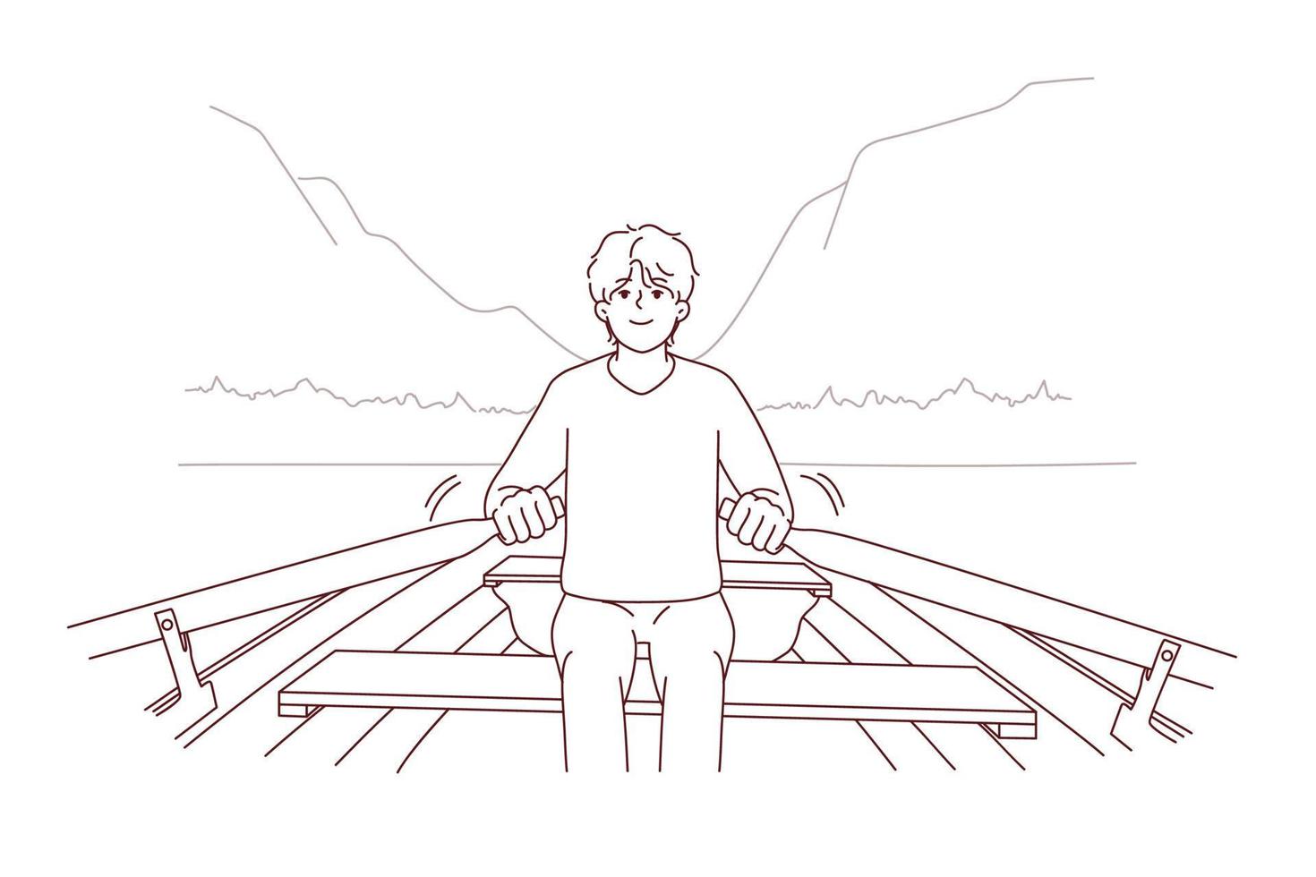 Young man rowing in boat relax on vacation in mountains. Smiling guy sit in ship enjoy outdoor recreation in nature. Vector illustration.