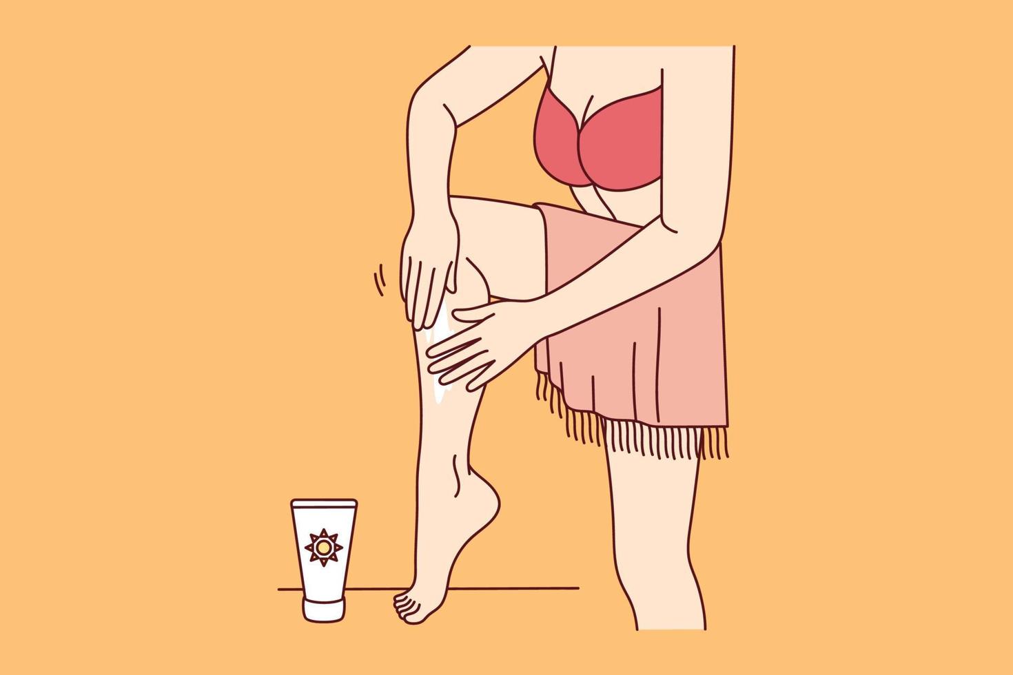 Woman in bikini apply sunscreen on legs on beach. Female in swimsuit using oil or balm sun protection on seashore on summertime vacation. Vector illustration.