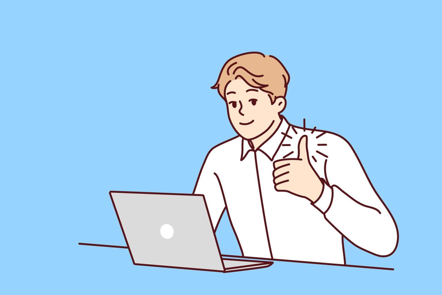 Happy young businessman sit at desk work on laptop show thumb up. Smiling male employee recommend company service. Recommendation. Vector illustration.