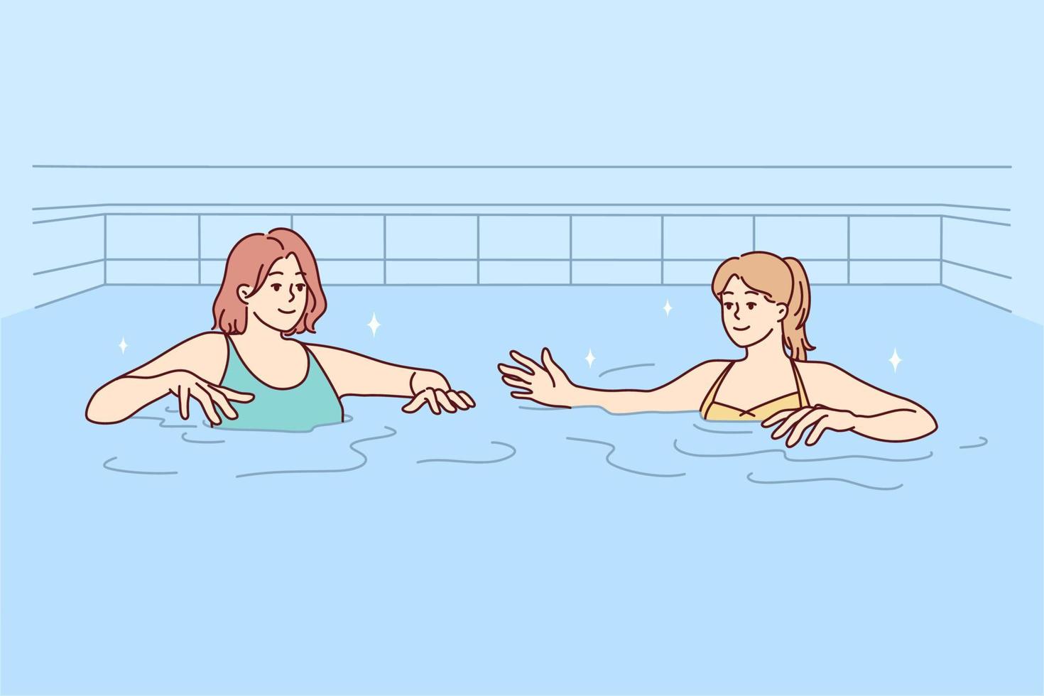 Women in swimsuits have fun in swimming pool together. Female friends in bikini swim in water in indoor pool. Hobby and recreation. Vector illustration.